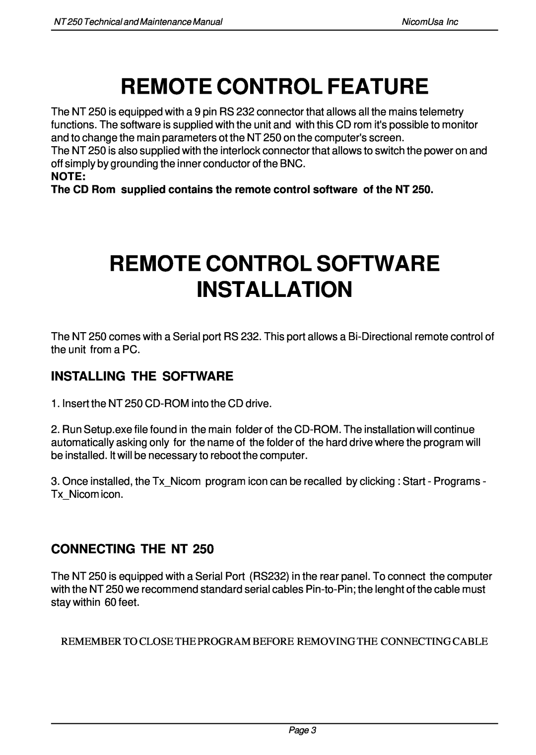 Genius NT 250 Remote Control Feature, Remote Control Software Installation, Installing The Software, Connecting The Nt 