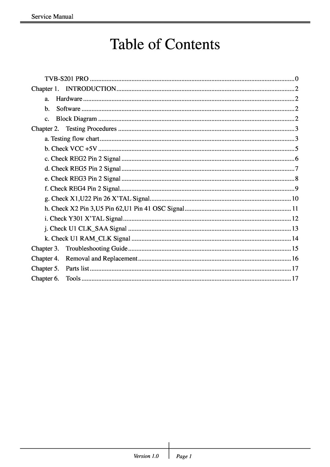 Genius TVB-S201 PRO service manual Table of Contents, Introduction, Block Diagram, Testing Procedures 