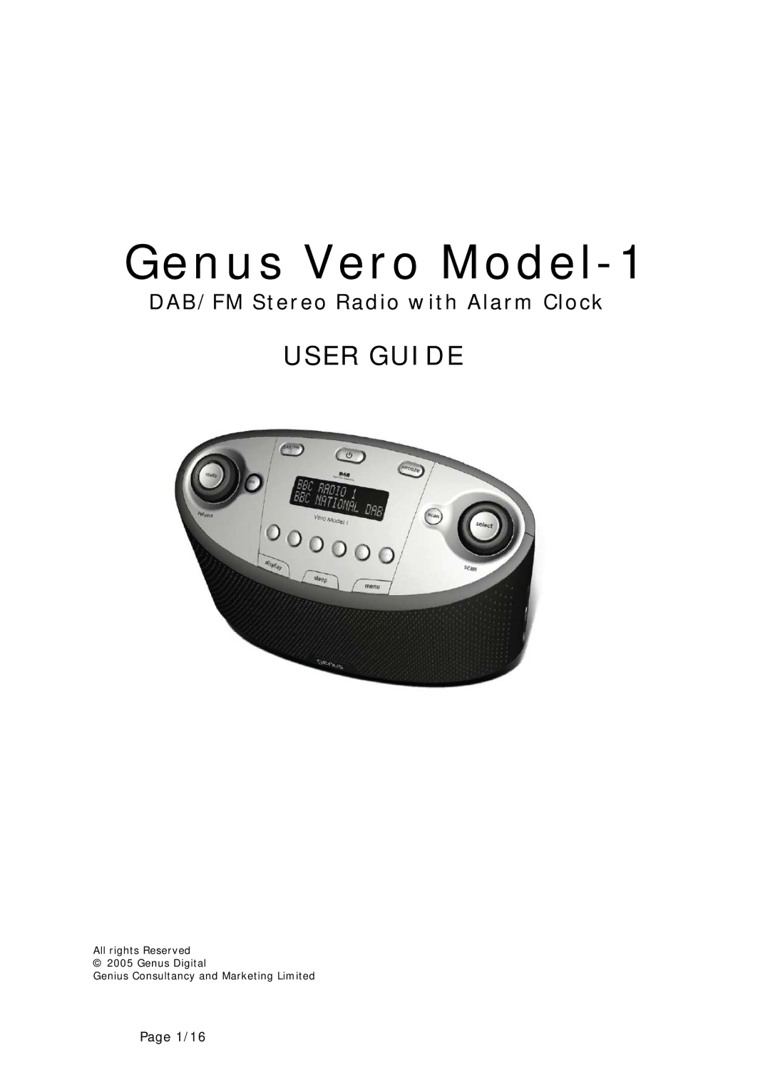 Genius Vero 1 manual Genus Vero Model-1, DAB/FM Stereo Radio with Alarm Clock 