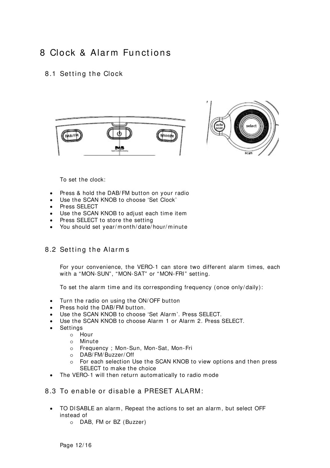 Genius Vero 1 manual Clock & Alarm Functions, Setting the Clock, Setting the Alarms, To enable or disable a Preset Alarm 