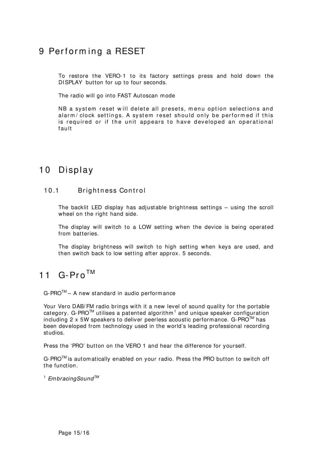 Genius Vero 1 manual Performing a Reset, Display, ProTM, Brightness Control 