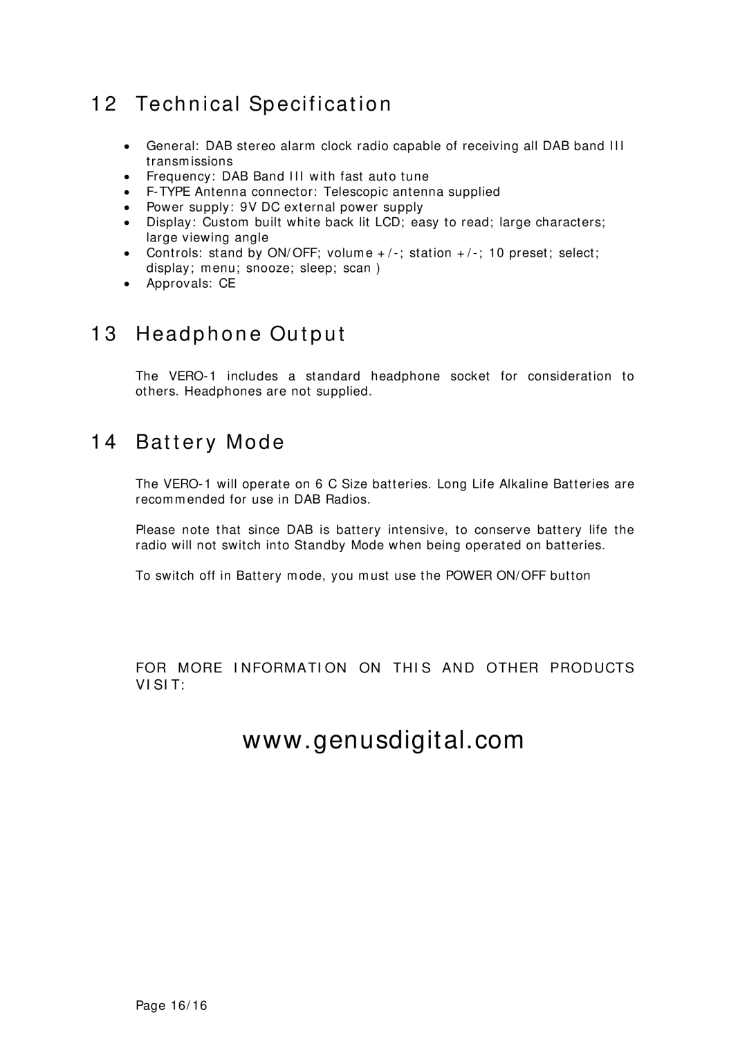 Genius Vero 1 manual Technical Specification, Headphone Output, Battery Mode 