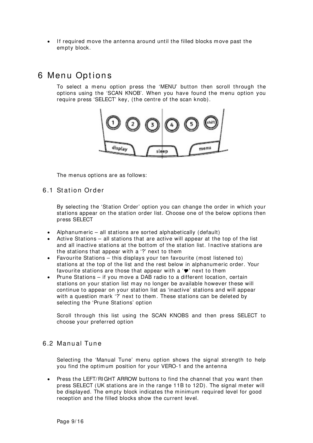 Genius Vero 1 manual Menu Options, Station Order, Manual Tune 