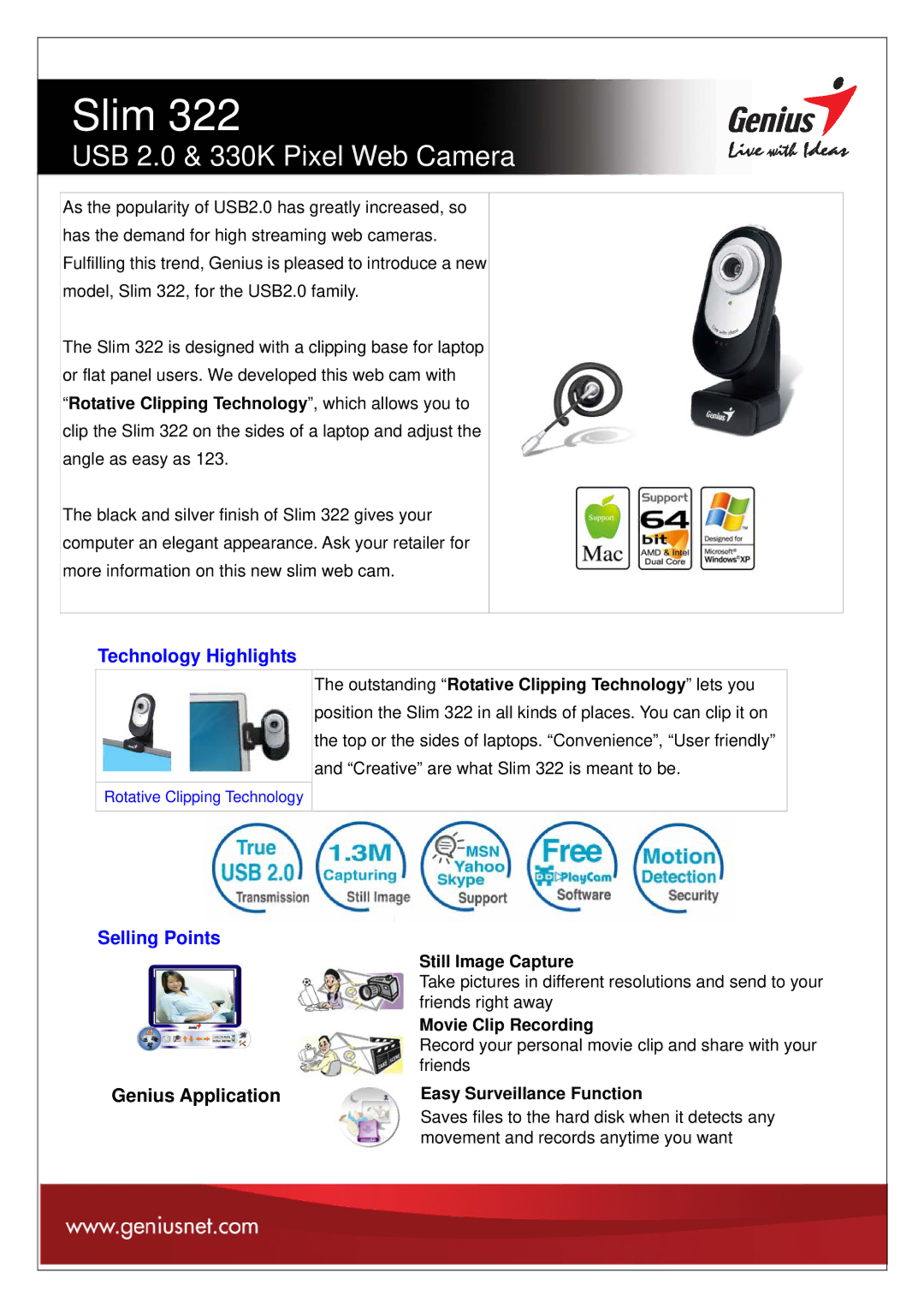 Genius Web Camera manual Technology Highlights, Selling Points 