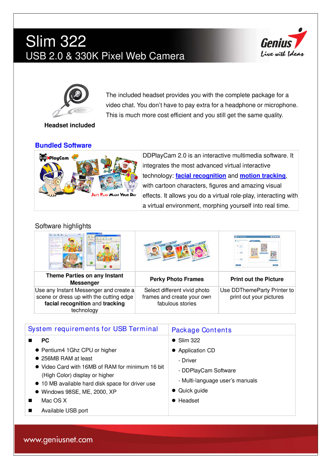 Genius Web Camera manual System requirements for USB Terminal Package Contents 