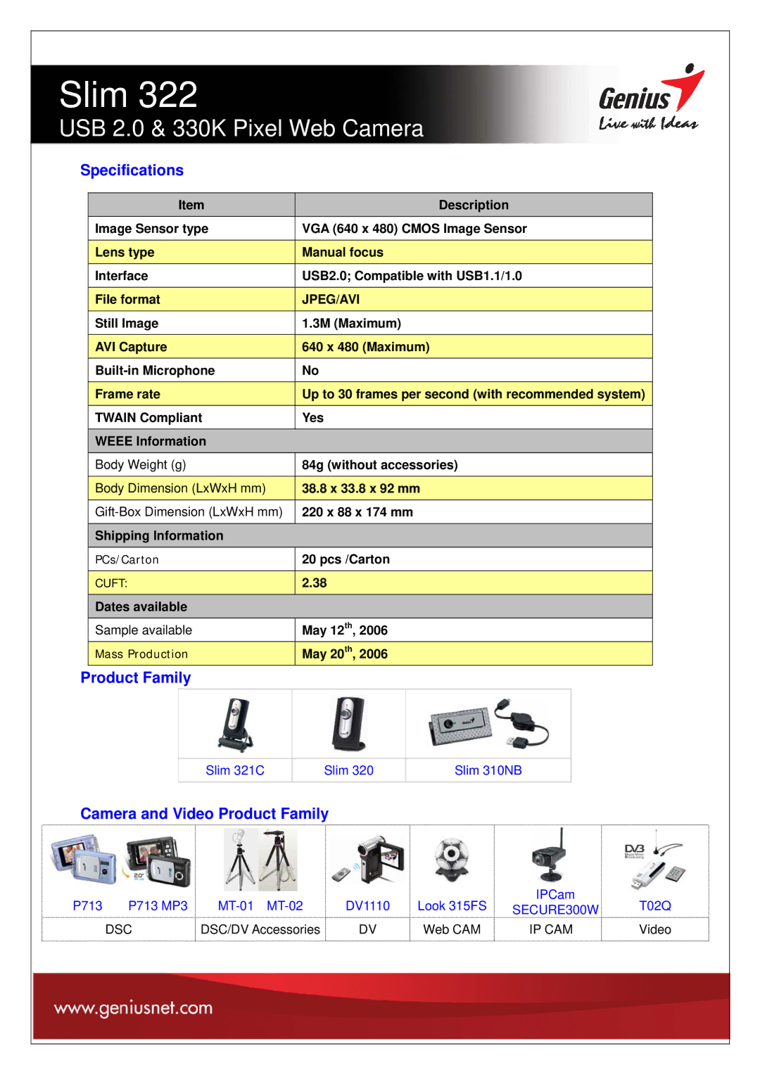 Genius Web Camera manual Specifications, Camera and Video Product Family 