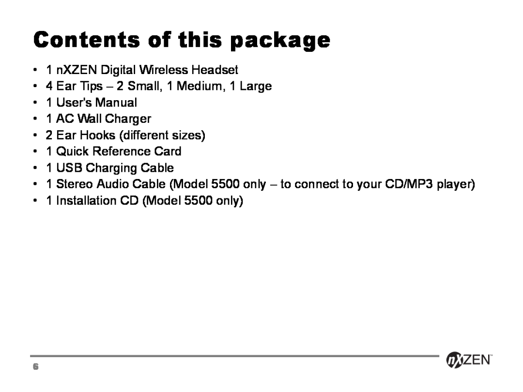 GENNUM 5000 user manual Contents of this package, nXZEN Digital Wireless Headset, Ear Tips - 2 Small, 1 Medium, 1 Large 
