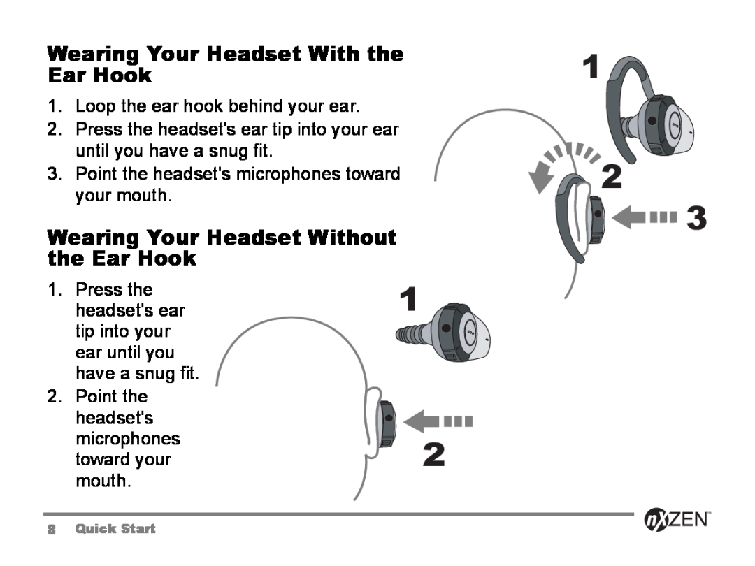 GENNUM 5000 user manual Wearing Your Headset With the Ear Hook, Wearing Your Headset Without the Ear Hook 