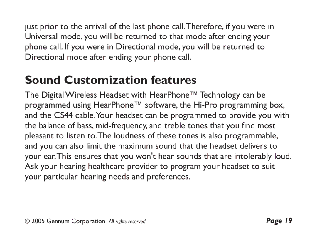 GENNUM DIGITAL WIRELESS HEADSET user manual Sound Customization features 