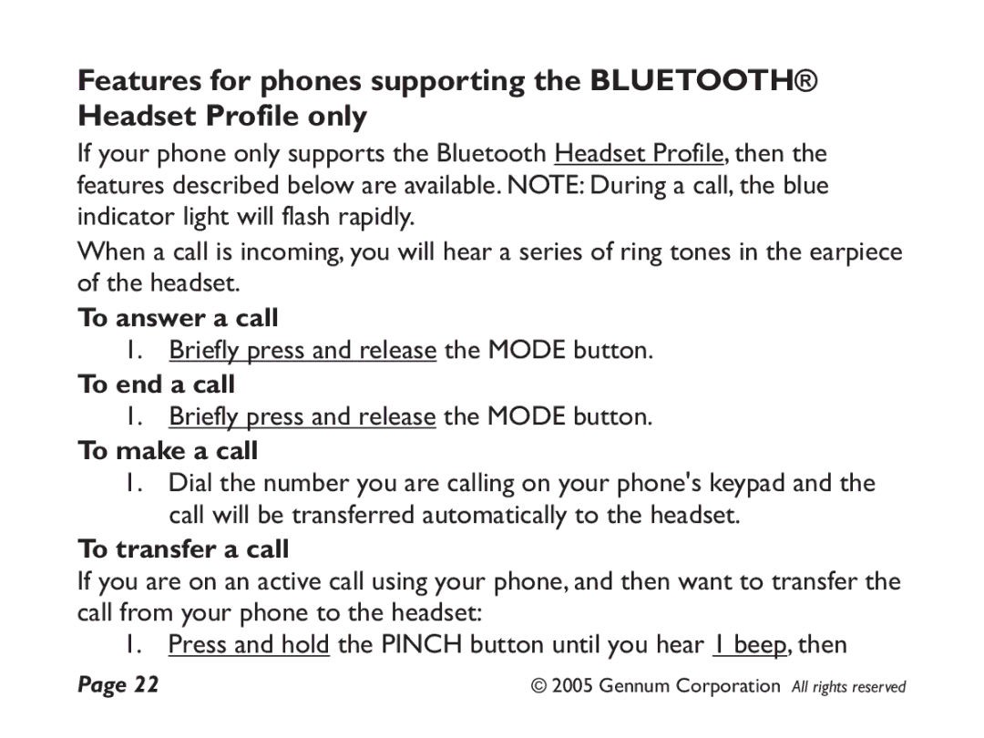 GENNUM DIGITAL WIRELESS HEADSET user manual To answer a call, To end a call, To make a call, To transfer a call 