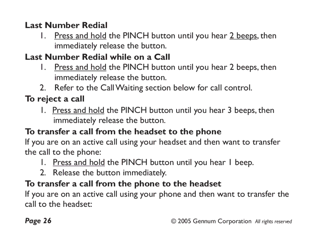 GENNUM DIGITAL WIRELESS HEADSET user manual Last Number Redial while on a Call, To reject a call 