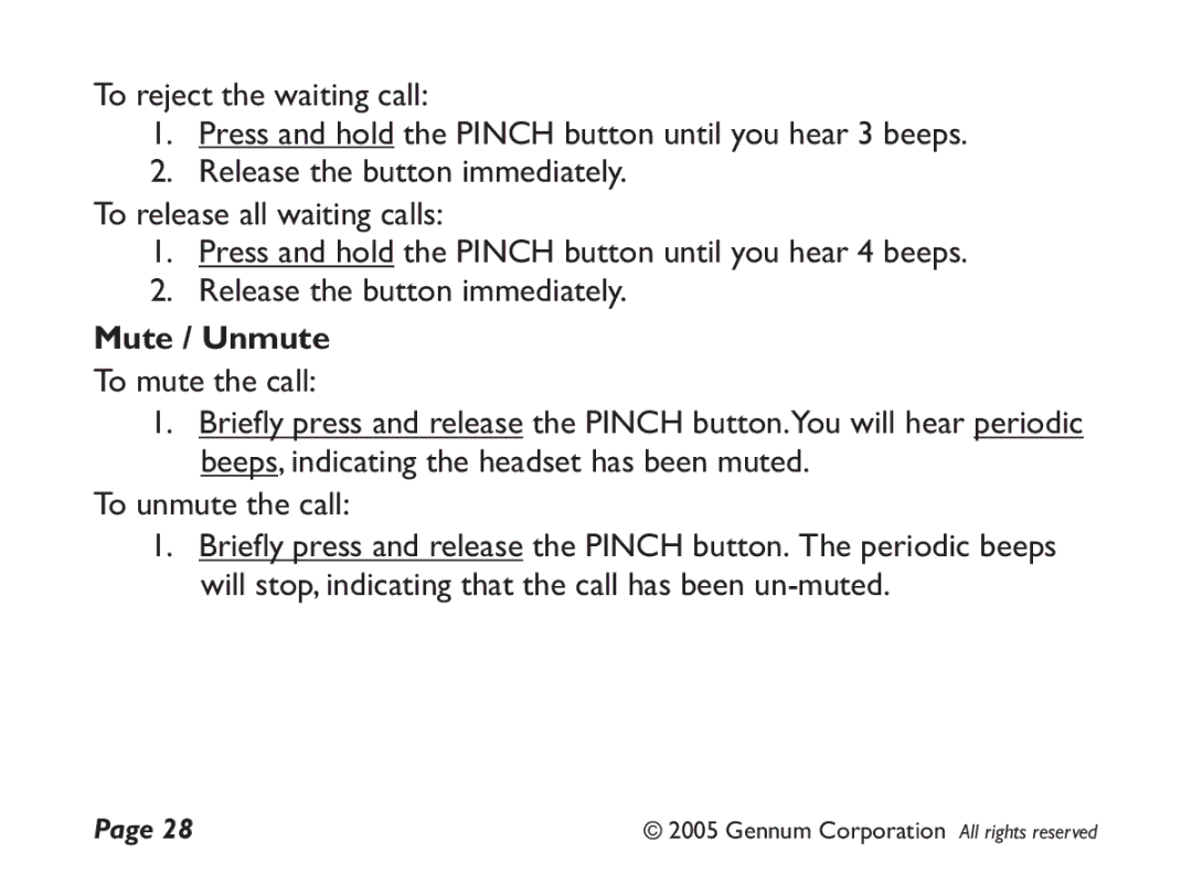 GENNUM DIGITAL WIRELESS HEADSET user manual Mute / Unmute 