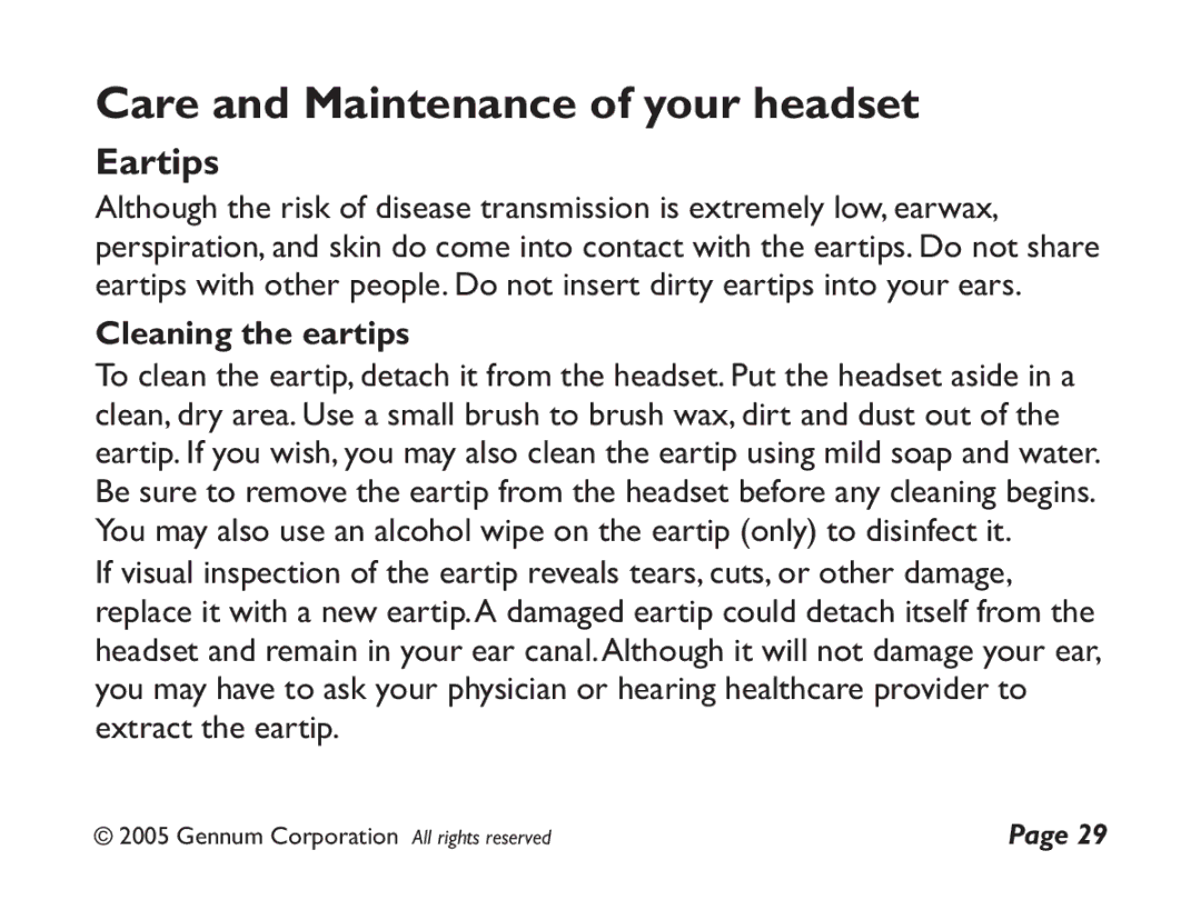 GENNUM DIGITAL WIRELESS HEADSET user manual Care and Maintenance of your headset, Eartips, Cleaning the eartips 