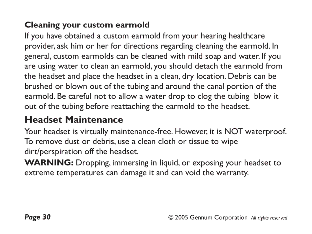 GENNUM DIGITAL WIRELESS HEADSET user manual Headset Maintenance, Cleaning your custom earmold 