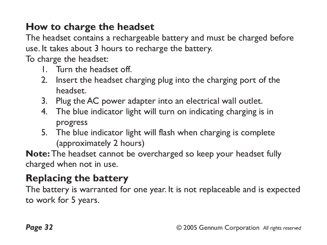 GENNUM DIGITAL WIRELESS HEADSET user manual How to charge the headset, Replacing the battery 