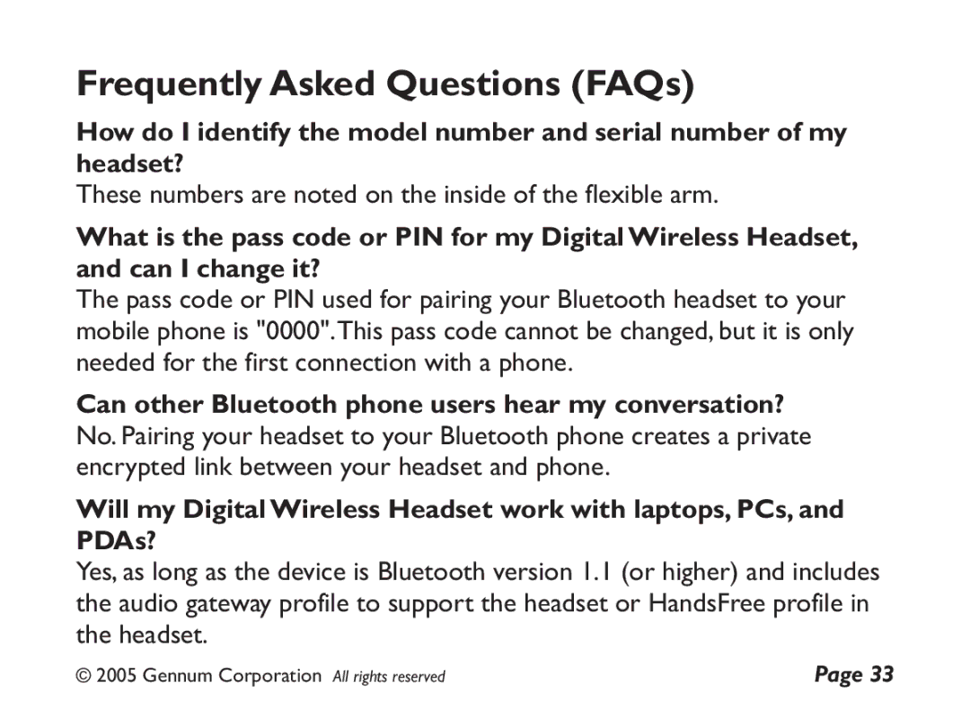 GENNUM DIGITAL WIRELESS HEADSET user manual Frequently Asked Questions FAQs 