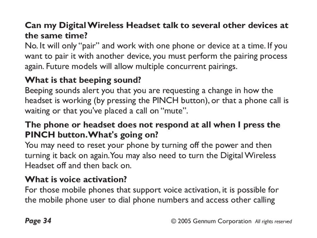 GENNUM DIGITAL WIRELESS HEADSET user manual What is that beeping sound?, What is voice activation? 