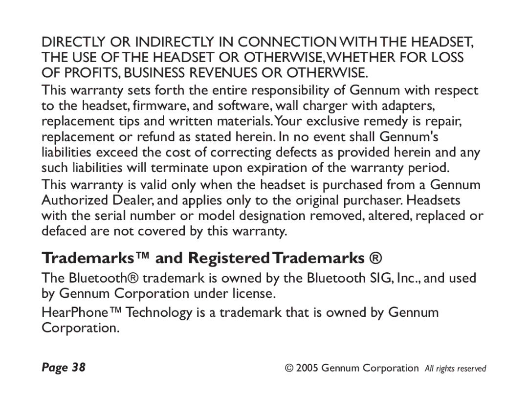 GENNUM DIGITAL WIRELESS HEADSET user manual Trademarks and Registered Trademarks 