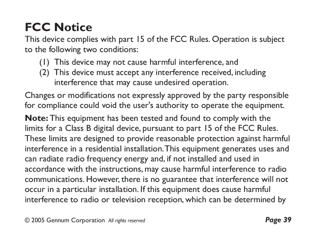 GENNUM DIGITAL WIRELESS HEADSET user manual FCC Notice 