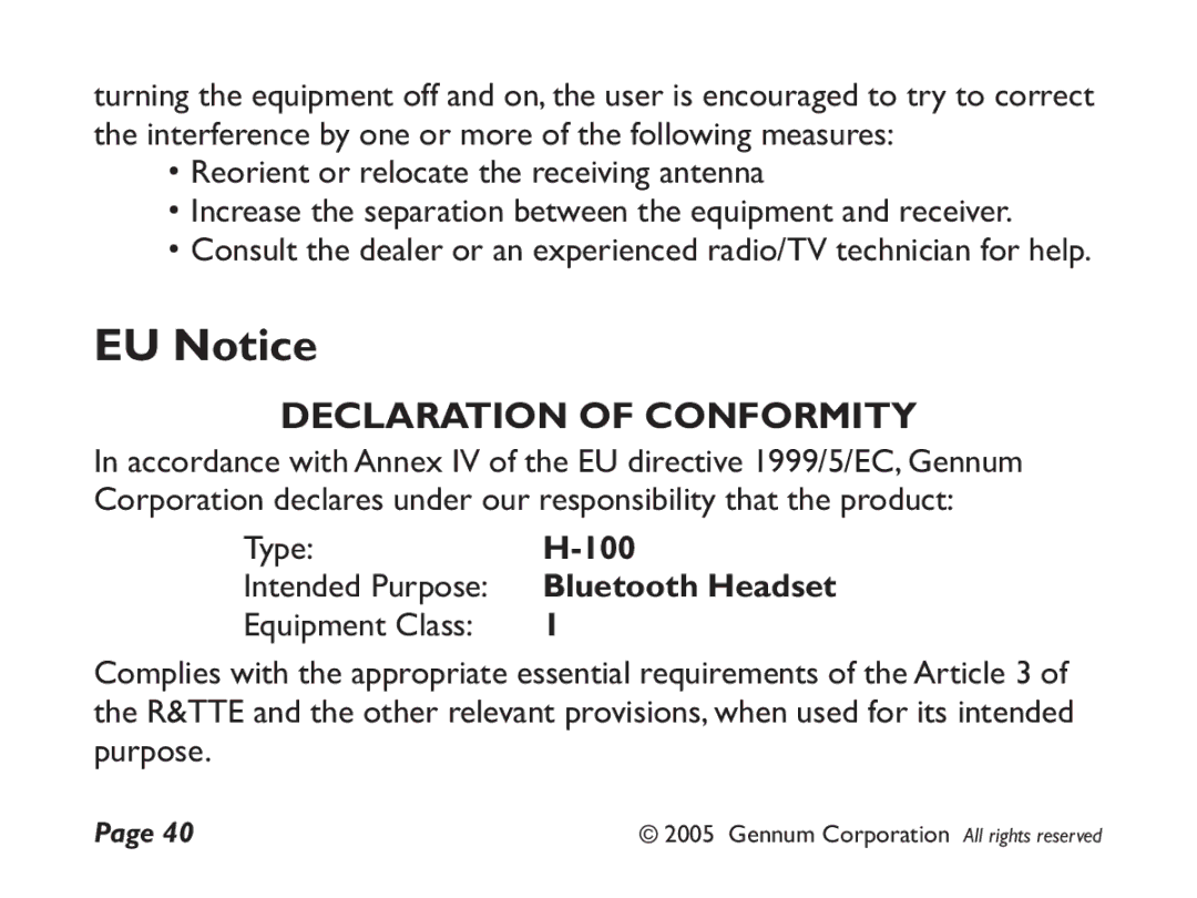 GENNUM DIGITAL WIRELESS HEADSET user manual EU Notice, 100 