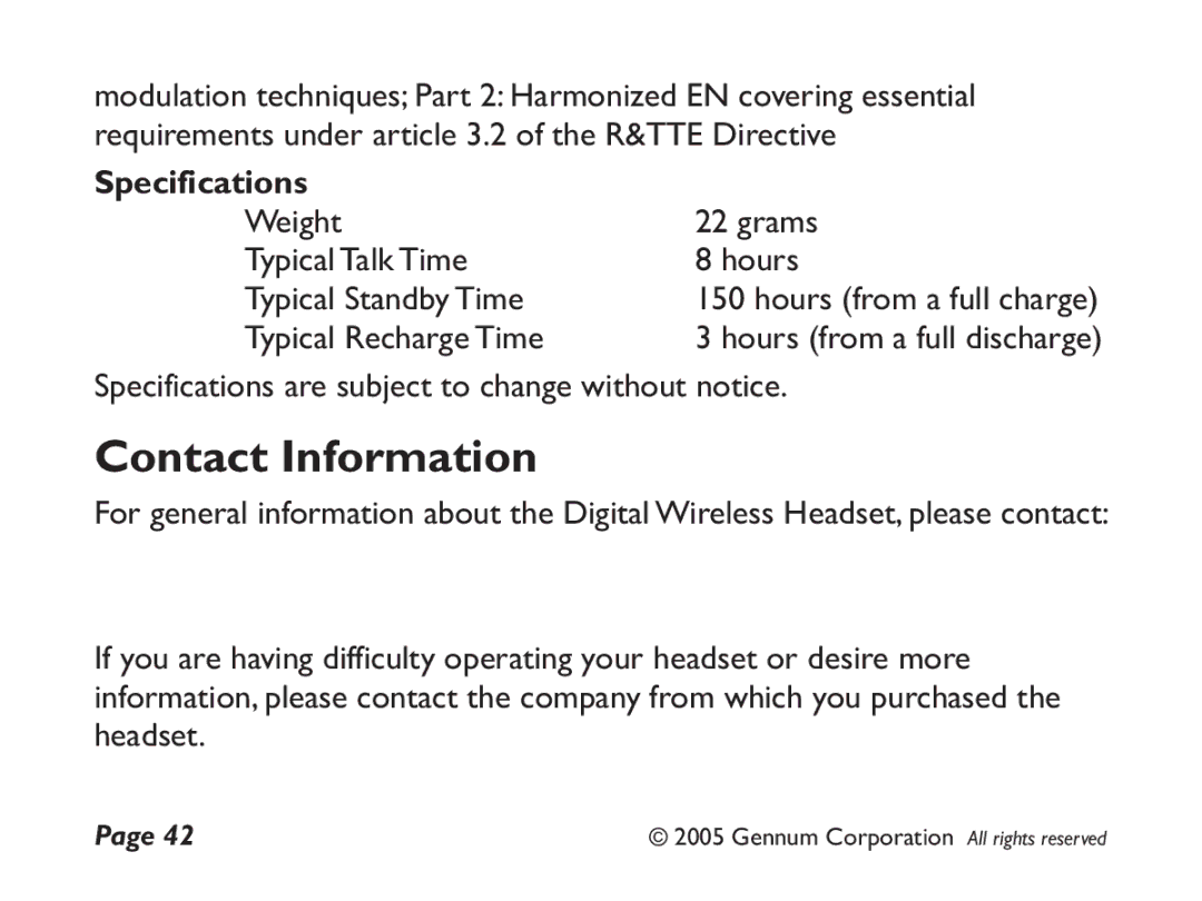 GENNUM DIGITAL WIRELESS HEADSET user manual Contact Information, Specifications 