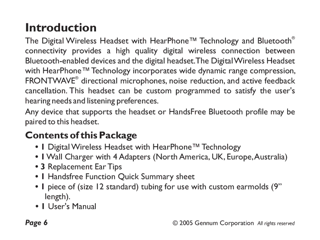 GENNUM DIGITAL WIRELESS HEADSET user manual Introduction, Contents of this Package 