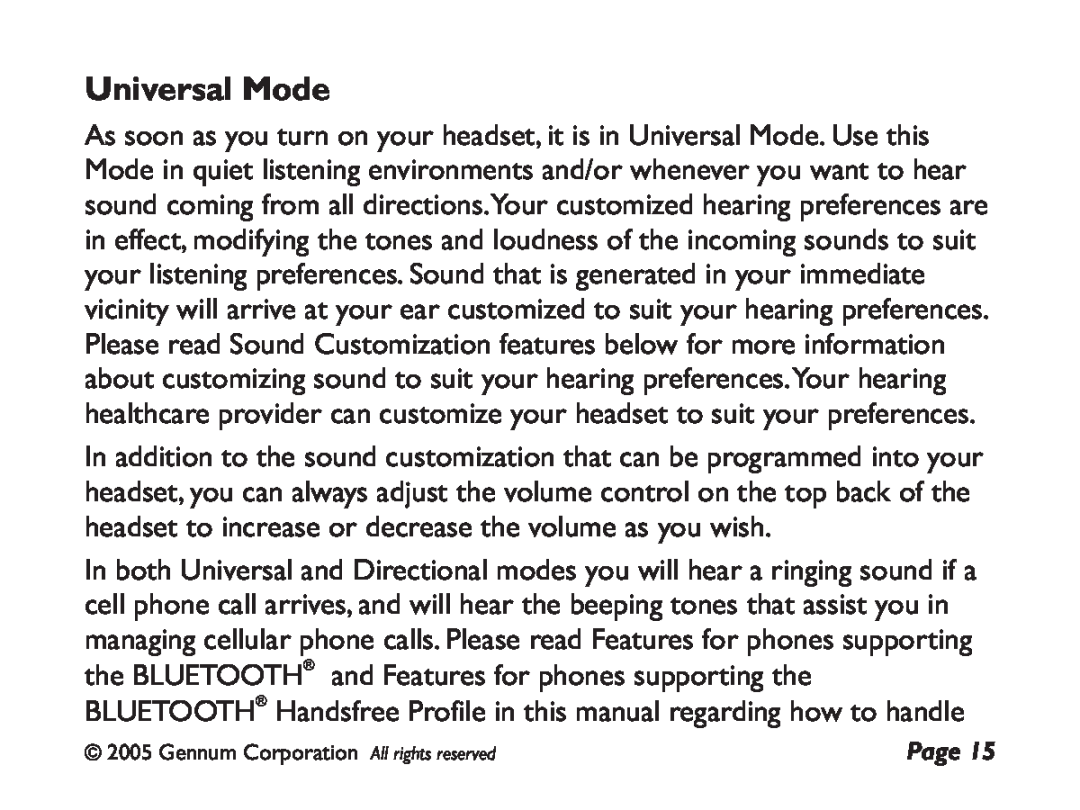 GENNUM DIGITAL WIRELESS HEADSET user manual Universal Mode 