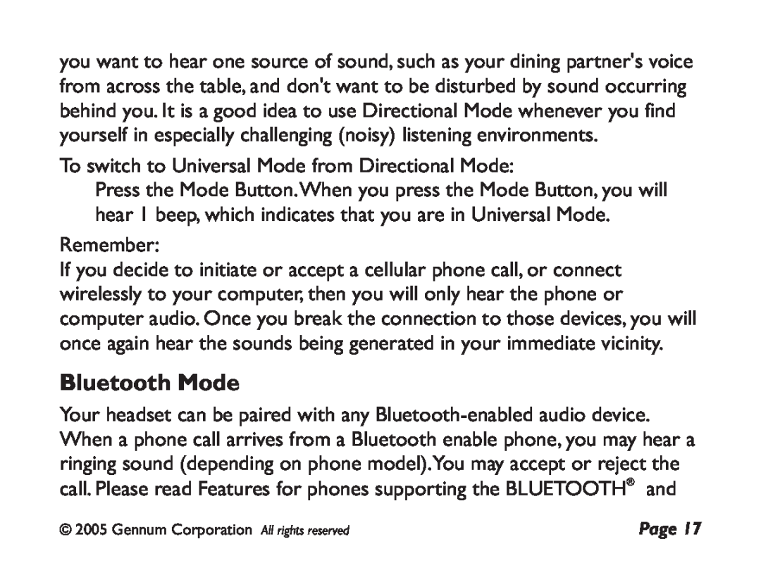GENNUM DIGITAL WIRELESS HEADSET user manual Bluetooth Mode 