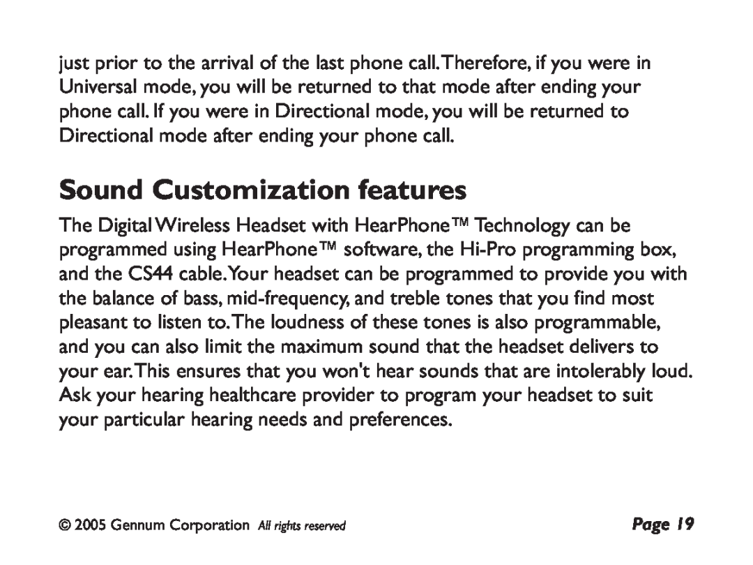 GENNUM DIGITAL WIRELESS HEADSET user manual Sound Customization features 