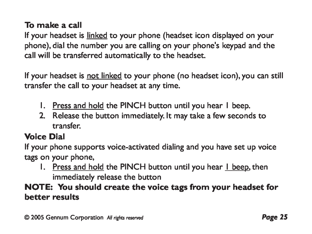 GENNUM DIGITAL WIRELESS HEADSET user manual To make a call, Voice Dial 