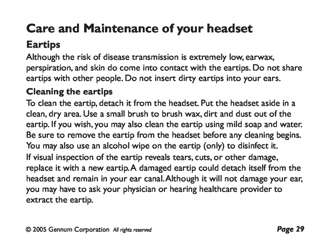 GENNUM DIGITAL WIRELESS HEADSET user manual Care and Maintenance of your headset, Eartips 