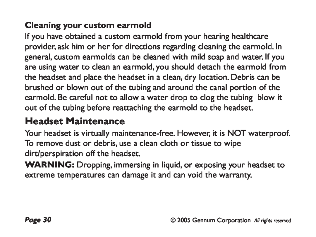 GENNUM DIGITAL WIRELESS HEADSET user manual Headset Maintenance, Cleaning your custom earmold 