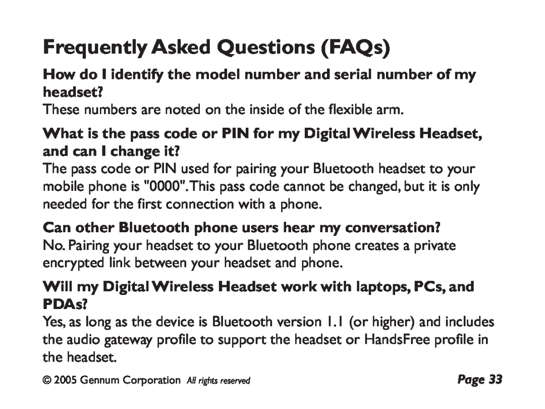 GENNUM DIGITAL WIRELESS HEADSET user manual Frequently Asked Questions FAQs 