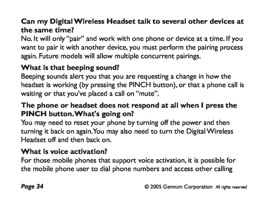 GENNUM DIGITAL WIRELESS HEADSET user manual What is that beeping sound?, What is voice activation? 