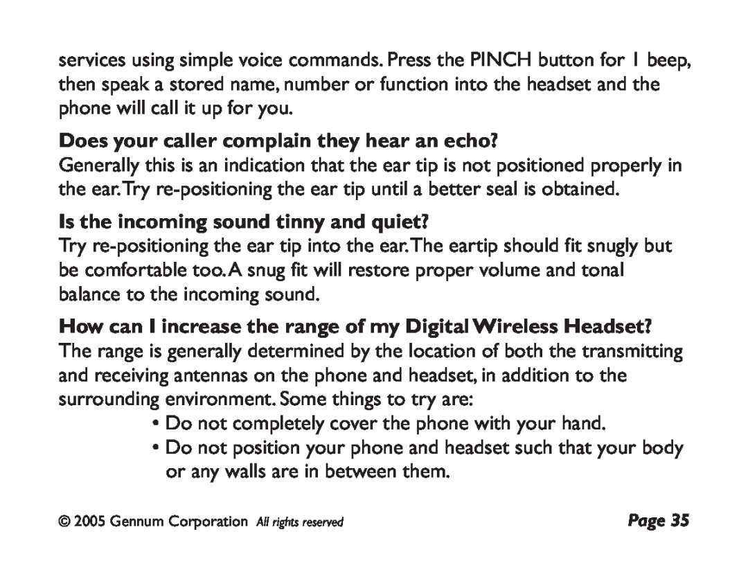 GENNUM DIGITAL WIRELESS HEADSET user manual Does your caller complain they hear an echo? 