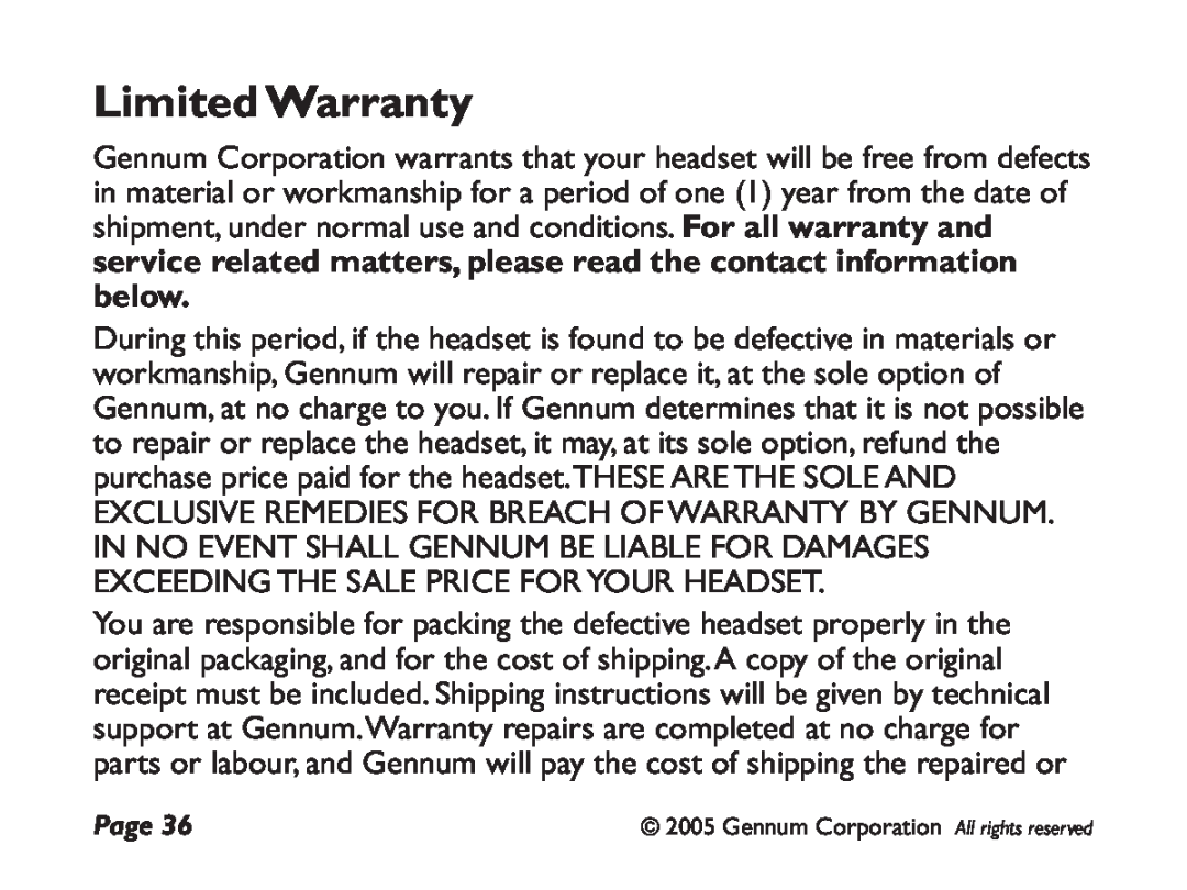 GENNUM DIGITAL WIRELESS HEADSET user manual Limited Warranty 