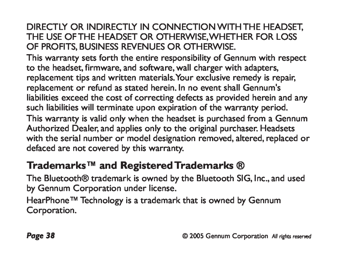 GENNUM DIGITAL WIRELESS HEADSET user manual Trademarks and Registered Trademarks 