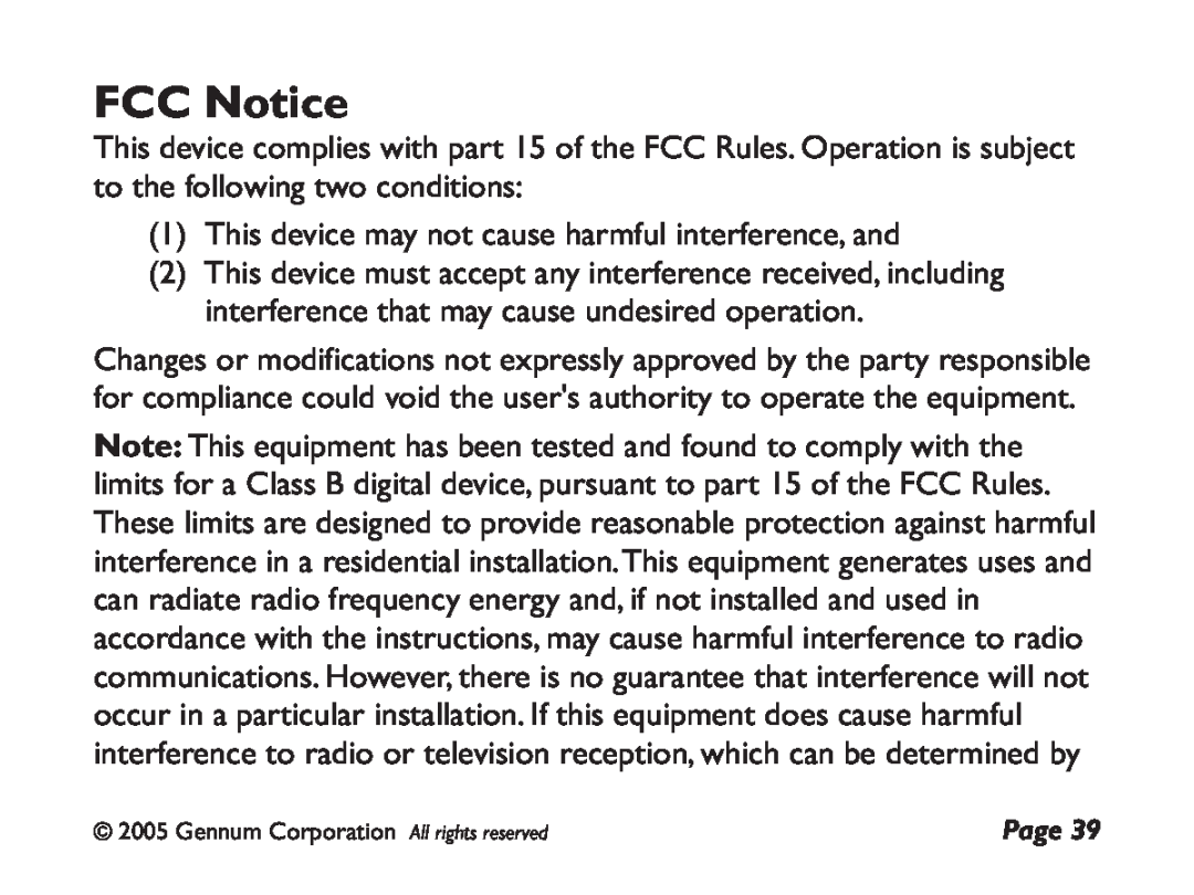 GENNUM DIGITAL WIRELESS HEADSET user manual FCC Notice 