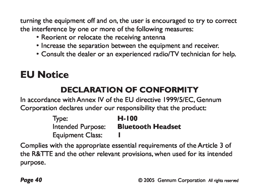GENNUM DIGITAL WIRELESS HEADSET user manual EU Notice, Declaration Of Conformity 