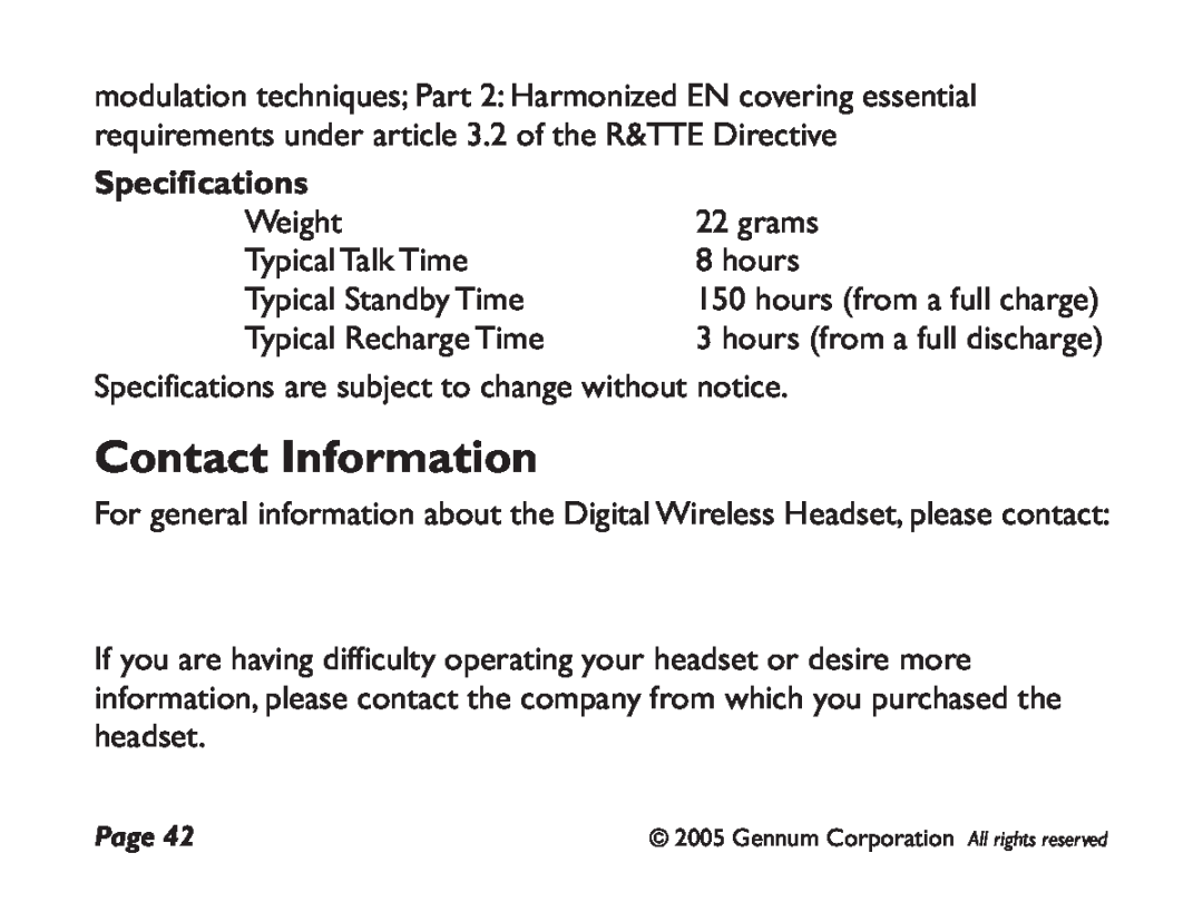 GENNUM DIGITAL WIRELESS HEADSET user manual Contact Information, Specifications 