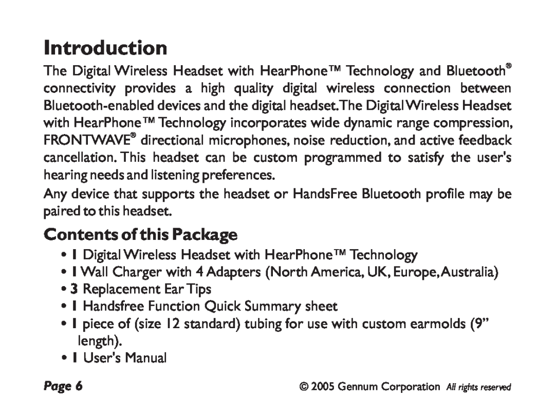GENNUM DIGITAL WIRELESS HEADSET user manual Introduction, Contents of this Package 