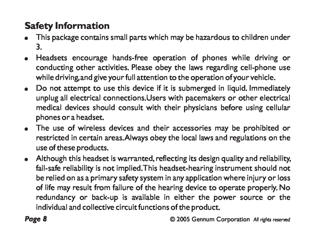 GENNUM DIGITAL WIRELESS HEADSET user manual Safety Information 