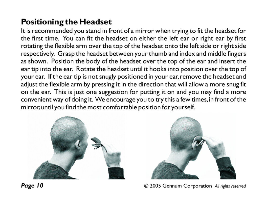 GENNUM Z-280 user manual Positioning the Headset 