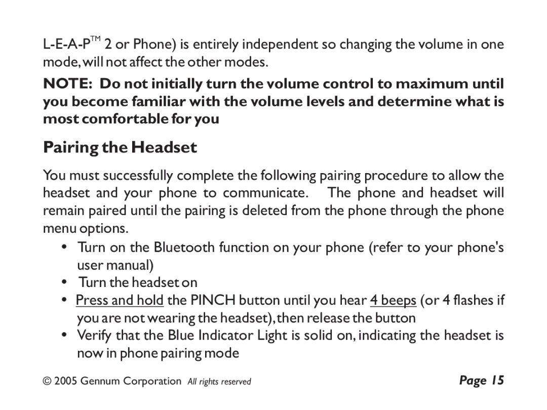 GENNUM Z-280 user manual Pairing the Headset 