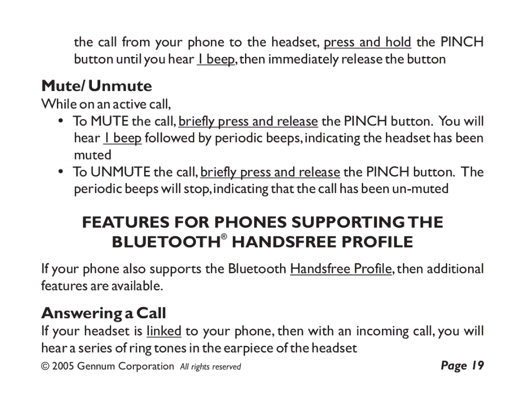 GENNUM Z-280 user manual Mute/ Unmute, Features for Phones Supporting Bluetooth Handsfree Profile 