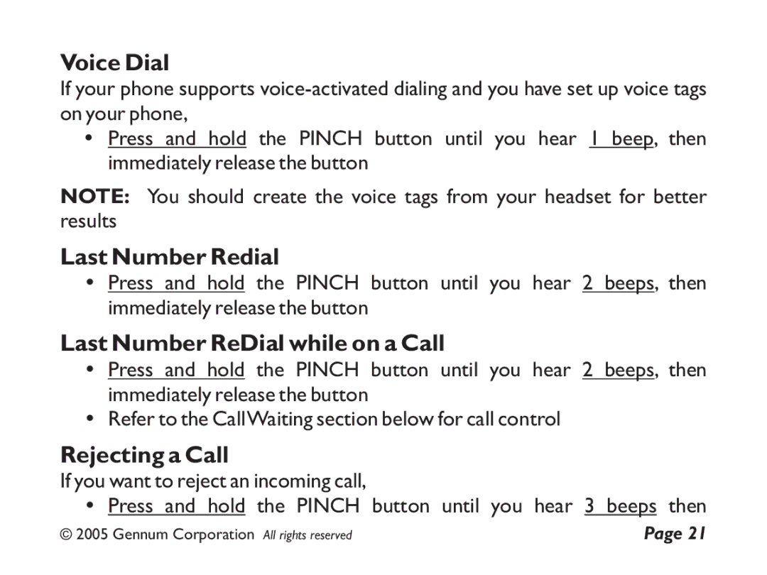 GENNUM Z-280 user manual Voice Dial, Last Number Redial, Last Number ReDial while on a Call, Rejecting a Call 