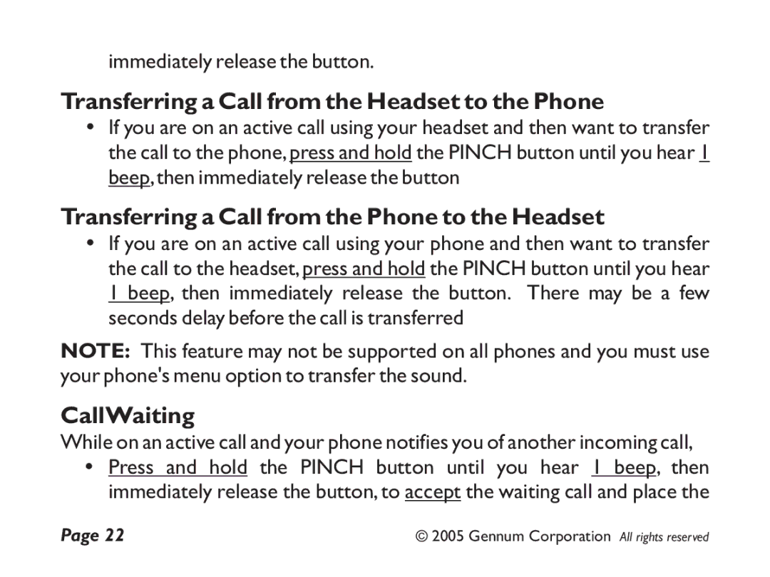 GENNUM Z-280 Transferring a Call from the Headset to the Phone, Transferring a Call from the Phone to the Headset 