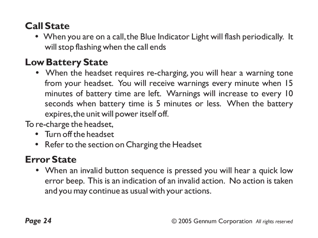 GENNUM Z-280 user manual Call State, Low Battery State, Error State 