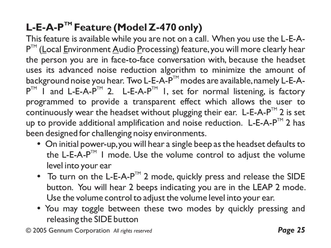 GENNUM Z-280 user manual A-PTMFeature Model Z-470 only 