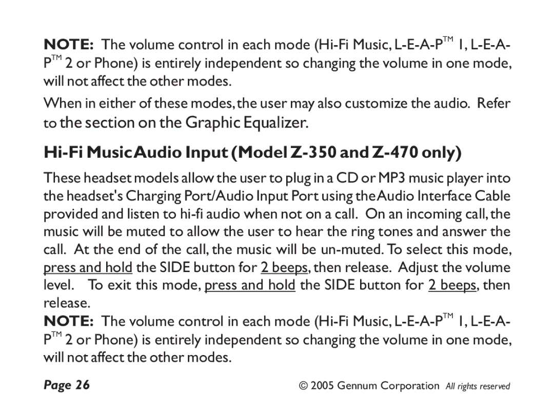 GENNUM Z-280 user manual Hi-Fi MusicAudio Input Model Z-350 and Z-470 only 